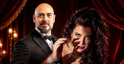 Marcela Durán und Jorge Talquenca vor rotem Theatervorhang, Ausschnitt aus dem Plakat „The Queen of Tango".